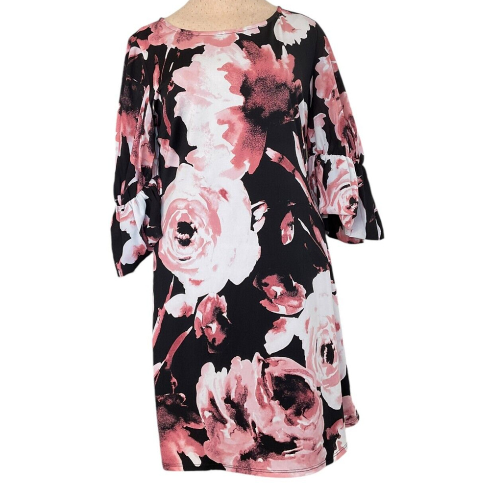 Cato L Black Pink Floral Puff Sleeve Dress Polyester Spandex Keyhole Back - Picture 1 of 13